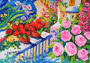 Positano painting bloomed terrace naif landscape original oil on canvas artwork painter Alfredo Grimaldi southern Italy 