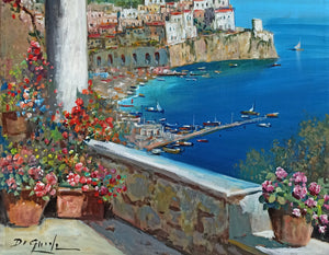 Painting Amalfi flowering seaside vertical version oil canvas original Gianni Di Guida 1965 Italian painter home wall decor