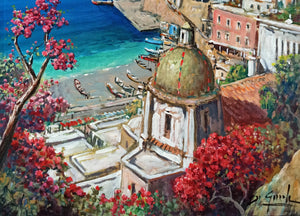 Painting Positano window vertical version sea coast landscape oil canvas original Gianni Di Guida 1965 Italian painter home wall decor