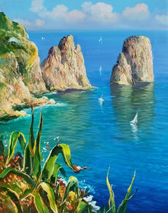 Painting Capri sea stacks seascape marina original oil on canvas artwork painter V.Somma southern Italy Amalfitan seaside coast