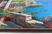 Load image into Gallery viewer, Painting Amalfi flowering seaside horizontal version oil canvas original Gianni Di Guida 1965 Italian painter home wall decor
