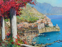 Load image into Gallery viewer, Painting Amalfi flowering seaside horizontal version oil canvas original Gianni Di Guida 1965 Italian painter home wall decor
