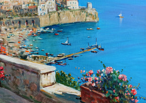 Painting Amalfi flowering seaside horizontal version oil canvas original Gianni Di Guida 1965 Italian painter home wall decor