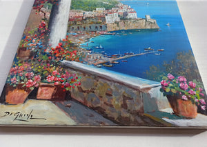 Painting Amalfi flowering seaside vertical version oil canvas original Gianni Di Guida 1965 Italian painter home wall decor