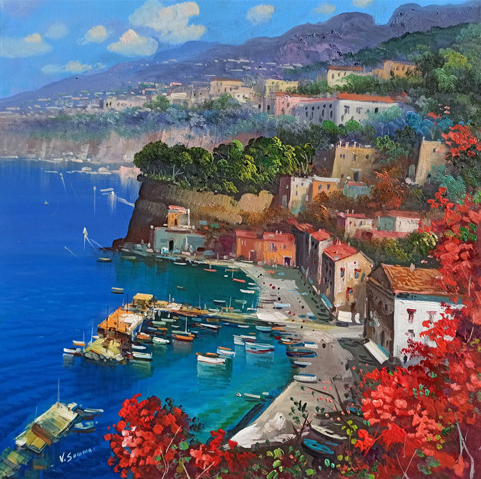 Sorrento painting panorama blooming marina original oil on canvas artwork painter V.Somma southern Italy Amalfitan seaside coast
