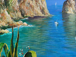 Painting Capri sea stacks seascape marina original oil on canvas artwork painter V.Somma southern Italy Amalfitan seaside coast