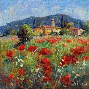 Tuscany ! painting original "Bloomed countryside n1" oil artwork Bruno Chirici 1947 wall home decor wall Italy landscape