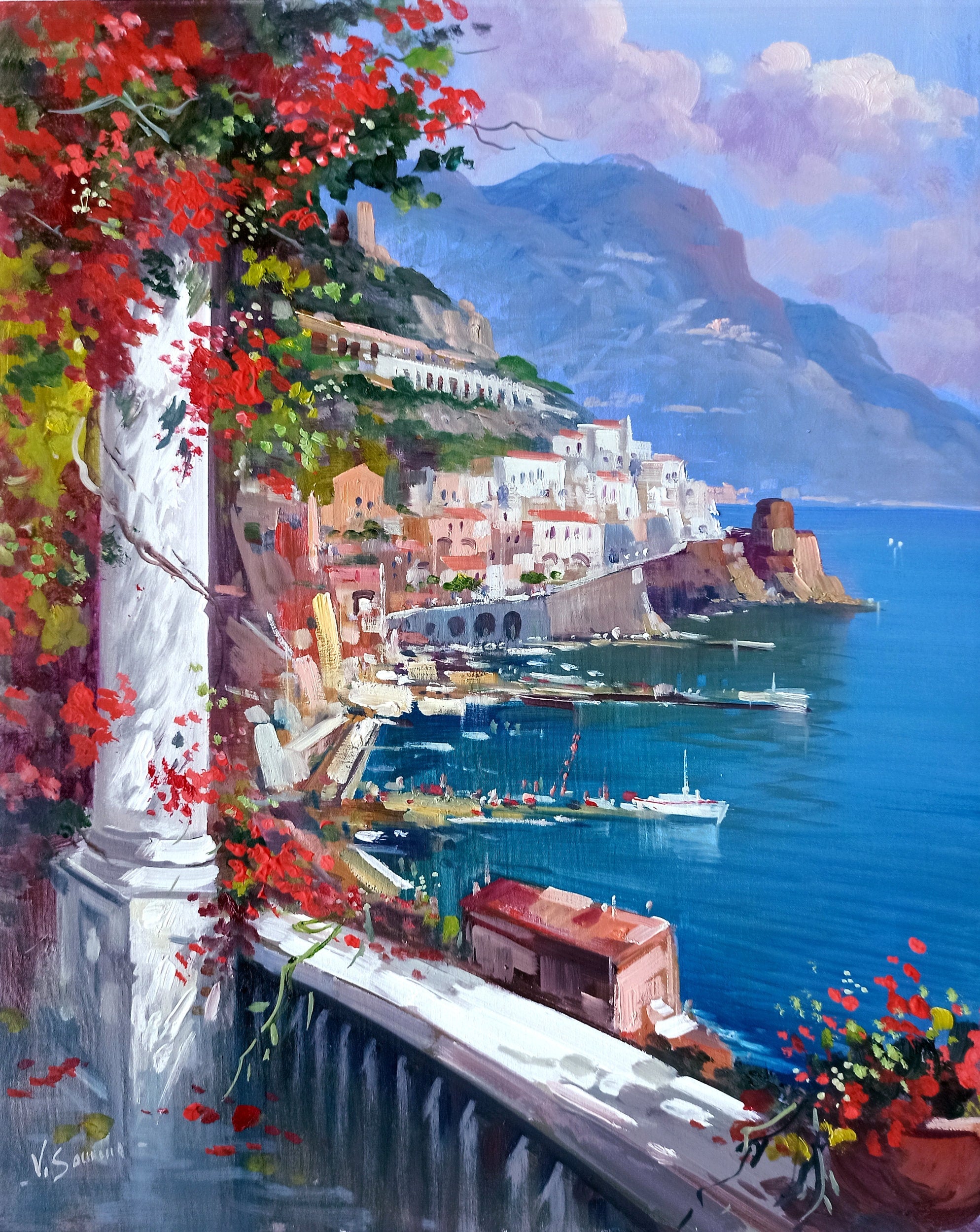 Painting Amalfi flowered seaside vertical version original oil on canvas artwork painter Vincenzo Somma southern Italy Amalfitan 