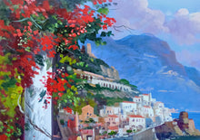 Load image into Gallery viewer, Painting Amalfi flowered seaside vertical version original oil on canvas artwork painter Vincenzo Somma southern Italy Amalfitan 
