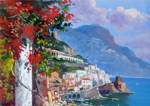 Painting Amalfi flowered seaside vertical version original oil on canvas artwork painter Vincenzo Somma southern Italy Amalfitan 