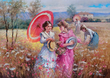 Load image into Gallery viewer, Italian painting &quot;Girls in the field&quot; original oil on canvas artwork painter Domenico Ronca figurative Italy home decor
