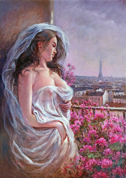 Girl in Paris painting original oil on canvas artwork painter Domenico Ronca figurative Italian home decor