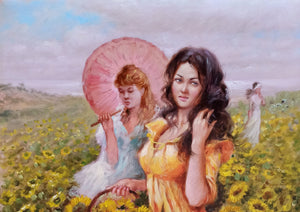 Italian painting "Girls between sunflowers" oil canvas original painter Domenico Ronca Italy figures woman 