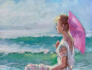 Italian painting "Girl on the beach rock" oil canvas original painter Domenico Ronca Italy figures woman 