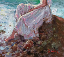 Load image into Gallery viewer, Italian painting &quot;Girl on the beach rock&quot; oil canvas original painter Domenico Ronca Italy figures woman 

