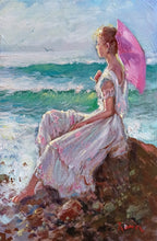 Load image into Gallery viewer, Italian painting &quot;Girl on the beach rock&quot; oil canvas original painter Domenico Ronca Italy figures woman 
