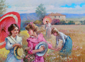 Italian painting "Girls in the field" original oil on canvas artwork painter Domenico Ronca figurative Italy home decor