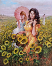 Load image into Gallery viewer, Italian painting &quot;Girls between sunflowers&quot; oil canvas original painter Domenico Ronca Italy figures woman 
