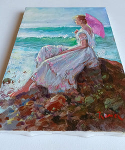 Italian painting "Girl on the beach rock" oil canvas original painter Domenico Ronca Italy figures woman 