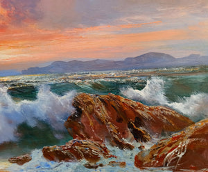 Sea swell painting n*4 series "Sea storms" oil canvas 23.6x47.2 inches painter Bruno Di Giulio 1943 Italian wall home decor charms