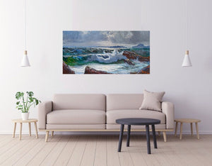Sea swell painting n*3 series "Sea storms" oil canvas 23.6x47.2 inches painter Bruno Di Giulio 1943 Italian wall home decor charms