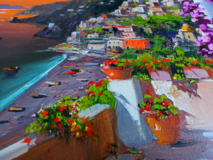 Painting Positano sunset on the coast impressionist artwork oil canvas Silvio Valli Naples 1944 Italian painter wall taly decor