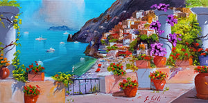 Painting Positano "Terrace with flowers" impressionist artwork oil canvas Silvio Valli Naples 1944 Italian painter wall taly decor 