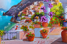 Load image into Gallery viewer, Painting Positano &quot;Terrace with flowers&quot; impressionist artwork oil canvas Silvio Valli Naples 1944 Italian painter wall taly decor 
