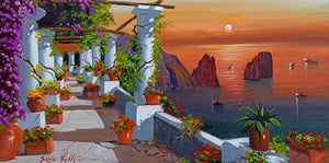 Painting Capri romantic sunset impressionist artwork oil canvas Silvio Valli Naples 1944 Italian painter wall taly decor