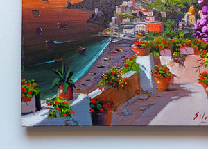 Painting Positano sunset on the coast impressionist artwork oil canvas Silvio Valli Naples 1944 Italian painter wall taly decor