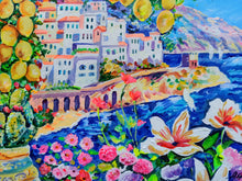 Load image into Gallery viewer, Amalfi painting seaside with lemons naif landscape original oil on canvas artwork painter Alfredo Grimaldi southern Italy 
