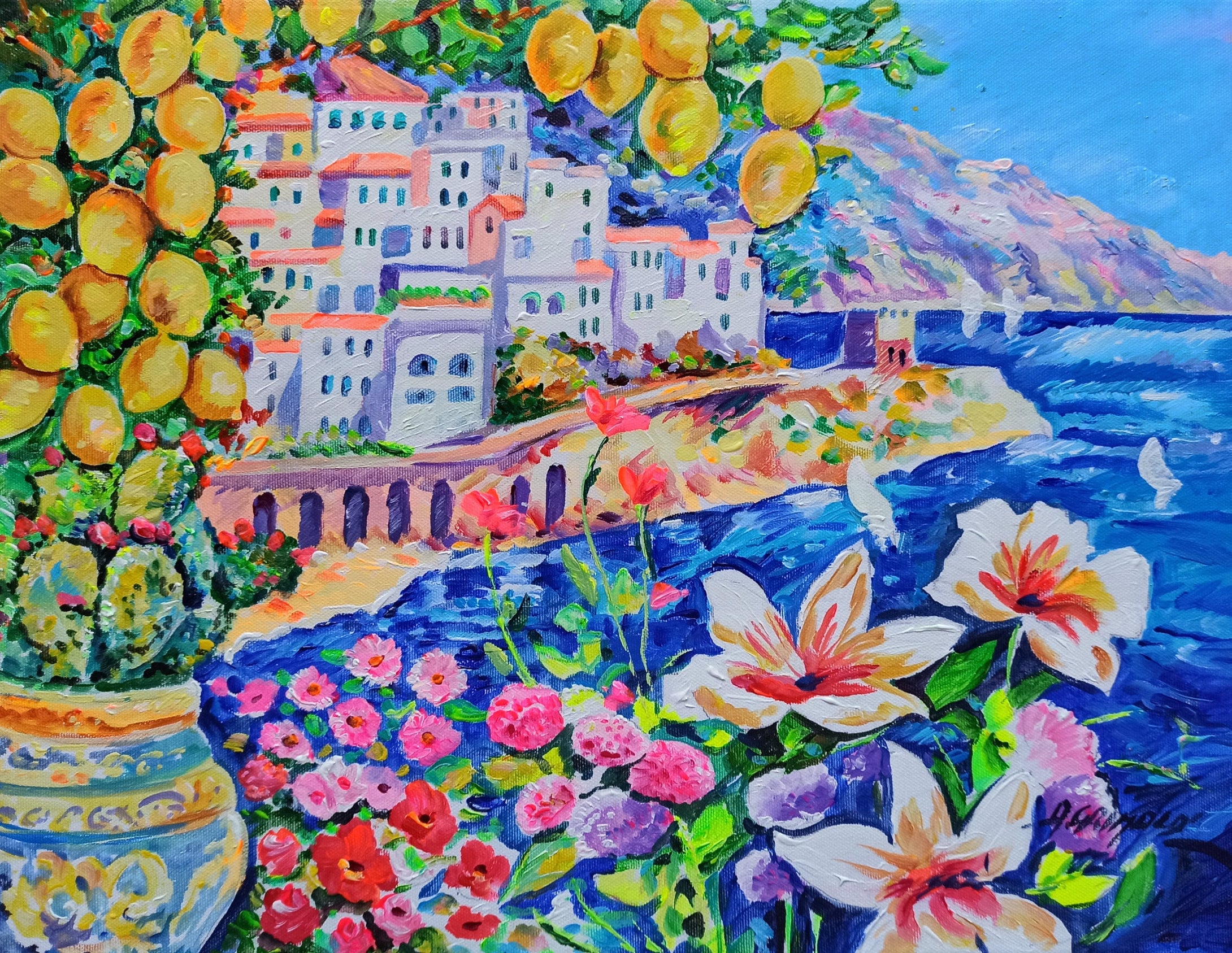 Amalfi painting seaside with lemons naif landscape original oil on canvas artwork painter Alfredo Grimaldi southern Italy 