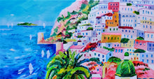 Load image into Gallery viewer, Painting &quot;Positano in bloom&quot; square version naif landscape original oil on canvas artwork painter Alfredo Grimaldi southern Italy 
