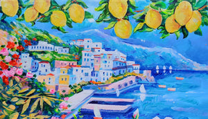 Painting Amalfi lemons and flowers square version naif landscape original oil on canvas artwork painter Alfredo Grimaldi southern Italy 