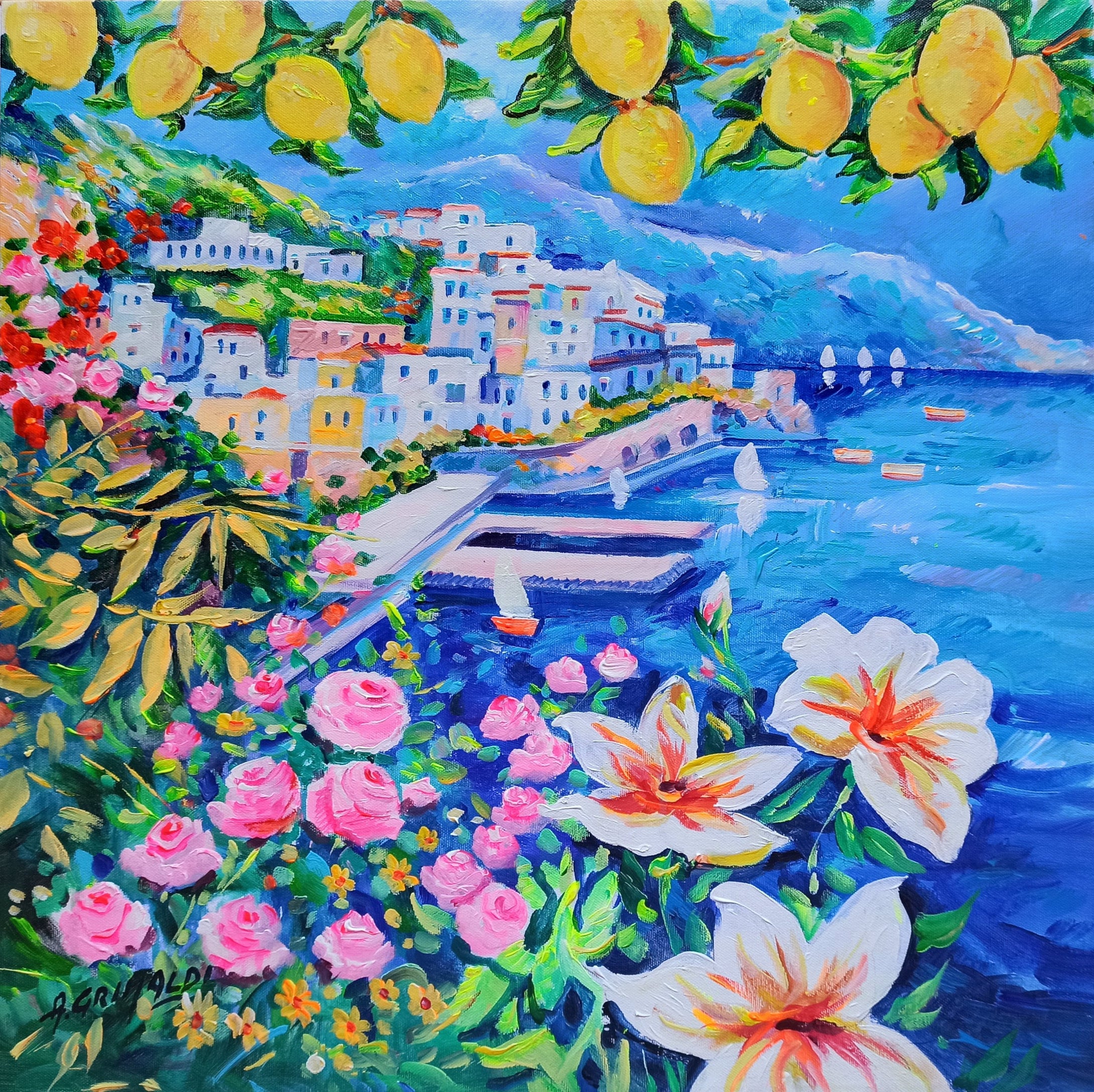 Painting Amalfi lemons and flowers square version naif landscape original oil on canvas artwork painter Alfredo Grimaldi southern Italy 