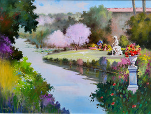 Italian Painting gardens & villas series "Garden with stream" original artwork Andrea Borella Master painter Italian home decor