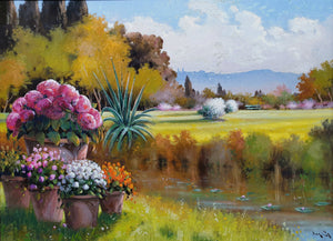 Italian Painting gardens & villas series "Garden with pond" original artwork Andrea Borella Master painter Italian charm wall home decor