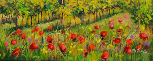 Italian Tuscany painting vineyard and poppies landscape oil artwork Bruno Chirici 1947 wall home decor wall Italy