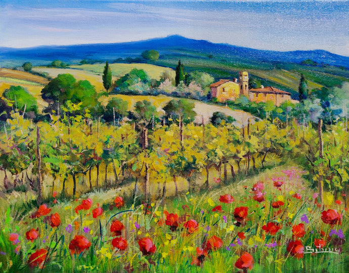 Italian Tuscany painting vineyard and poppies landscape oil artwork Bruno Chirici 1947 wall home decor wall Italy