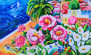 Painting "Positano in bloom" square version naif landscape original oil on canvas artwork painter Alfredo Grimaldi southern Italy 