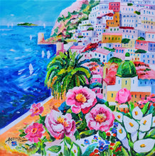 Load image into Gallery viewer, Painting &quot;Positano in bloom&quot; square version naif landscape original oil on canvas artwork painter Alfredo Grimaldi southern Italy 
